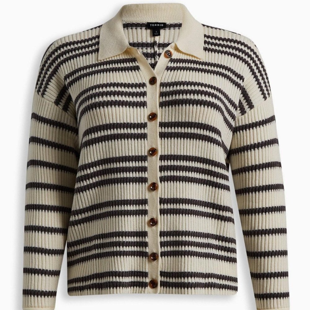 Torrid - Pullover Collared Button Front Sweater in Grey Stripe​​​​​​​​ - Picture 13 of 13